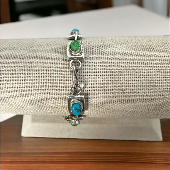 Stunning Fire Opal & Turquoise in Solid Sterling Silver Bracelet - Picture 5 of 12